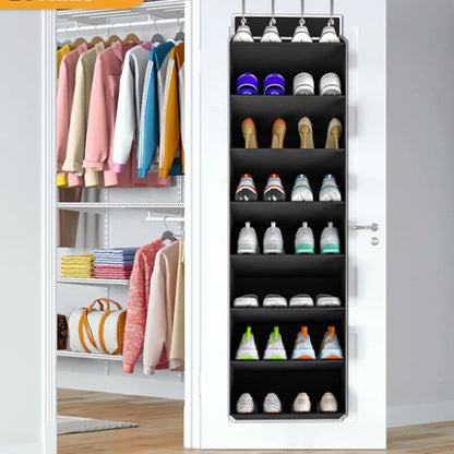 12 Pairs Wall Mounted Shoe Rack with Hooks, Shoe Hanger Storage for Door, 24 x 12 x 4 inches, Black
