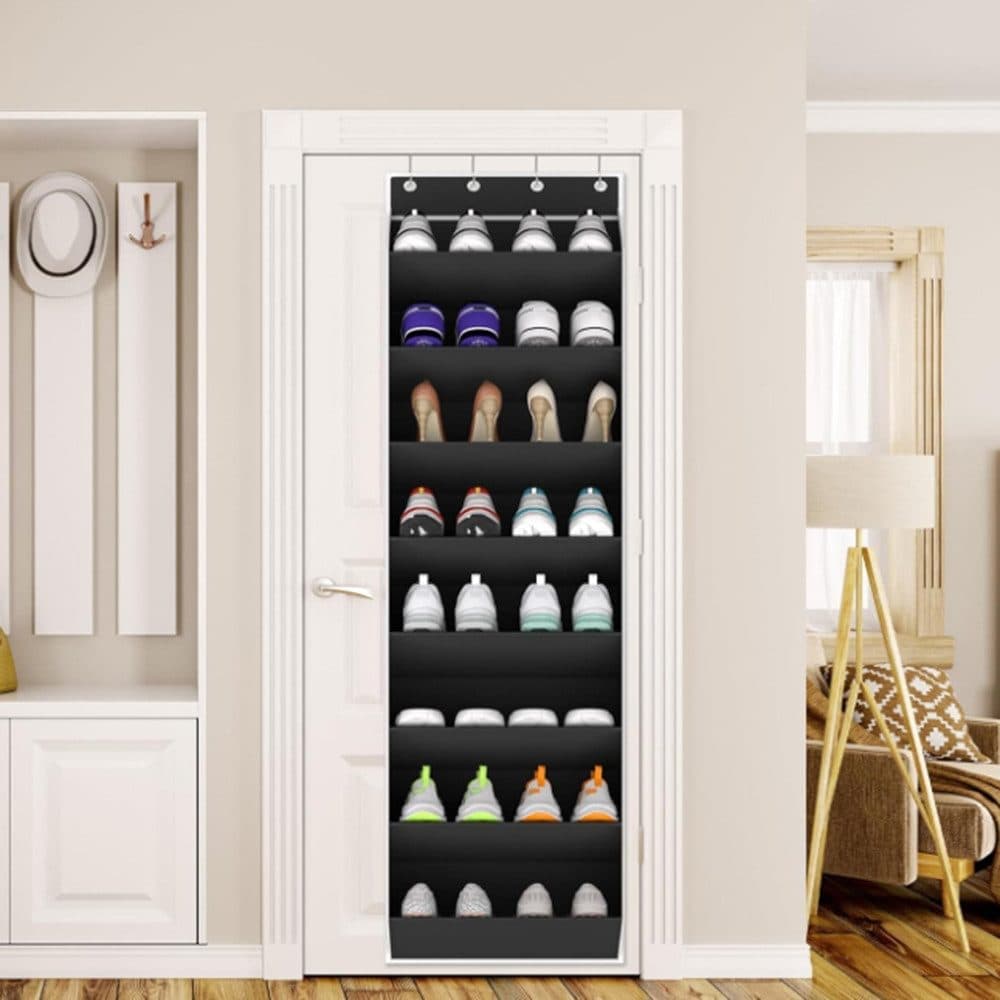 12 Pairs Wall Mounted Shoe Rack with Hooks, Shoe Hanger Storage for Door, 24 x 12 x 4 inches, Black