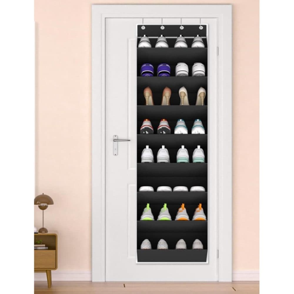 12 Pairs Wall Mounted Shoe Rack with Hooks, Shoe Hanger Storage for Door, 24 x 12 x 4 inches, Black