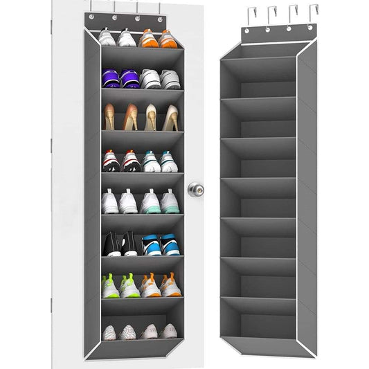 Gray wall-mounted shoe rack with 12 cubby shelves and top hooks for hanging pairs