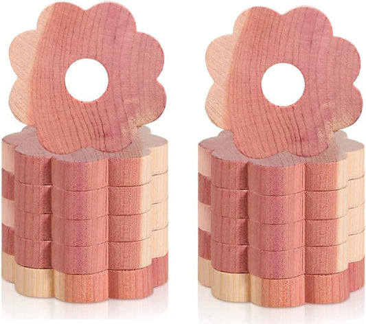 Cedar flower wood rings, stacked set with round center holes in pink wood