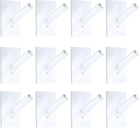 Set of clear adhesive wall coat hooks, 12 individual hook pieces