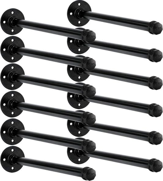 Set of black industrial pipe clothing rack bars with round flange mounts and end caps
