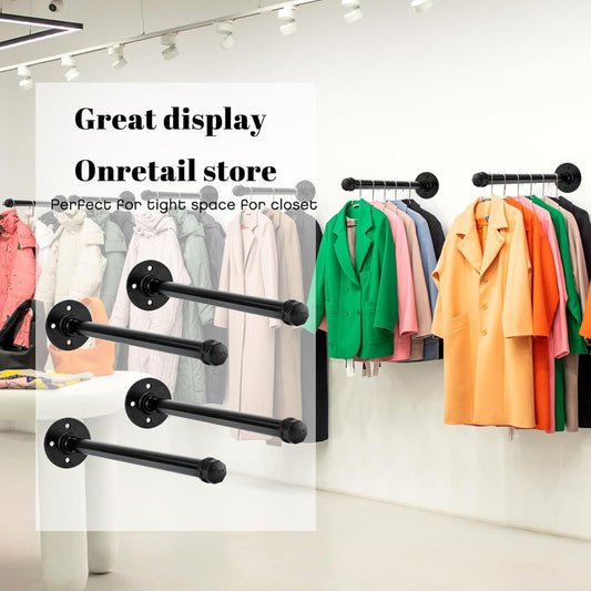 Wall-mounted industrial pipe clothing rack with three black hanging bars