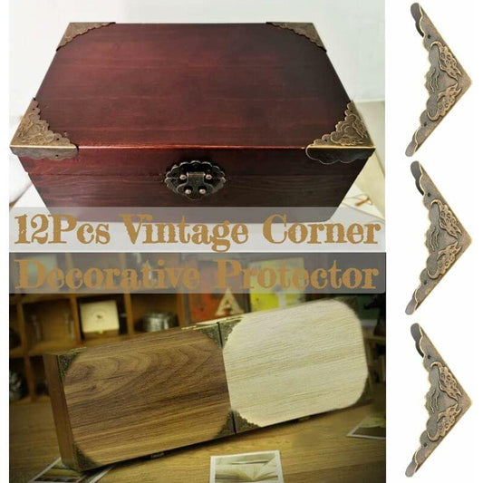 Wooden box with iron vintage corner protectors and ornate bronze corner plates