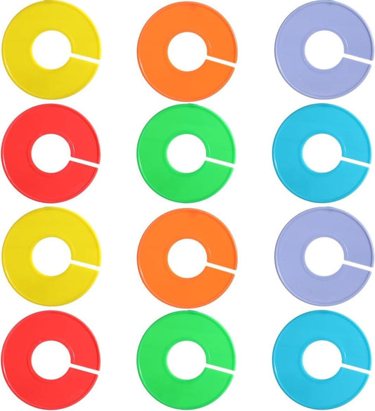 Set of hanging clothes size divider rings, assorted colors, circular openings with slots