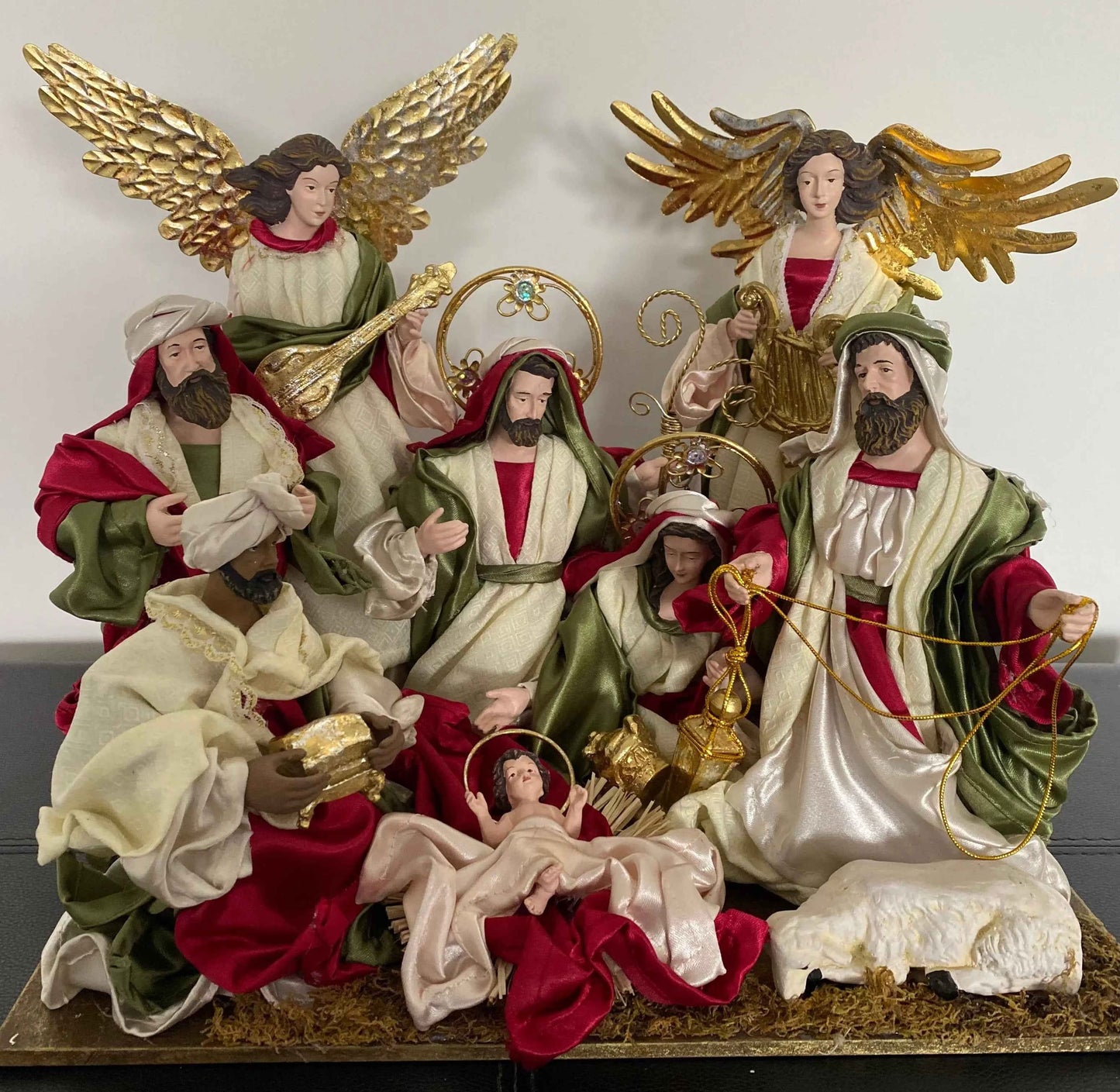 12.5’’ Red & White Christmas decor handmade religious nativity  Scene with Angels and Manger - 51 cm