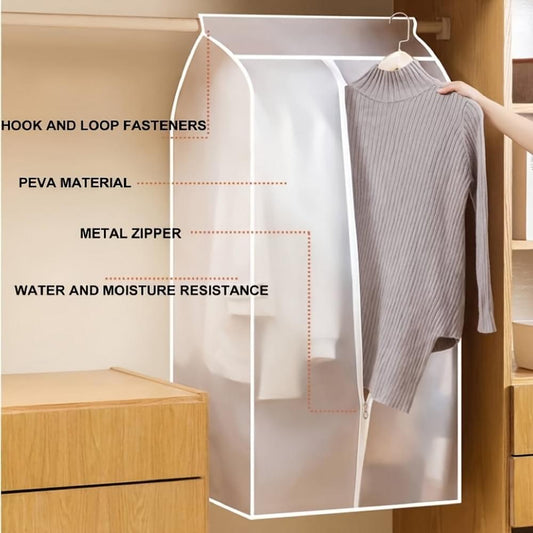White wardrobe dust cover with metal zipper and top hooks for hanging clothes