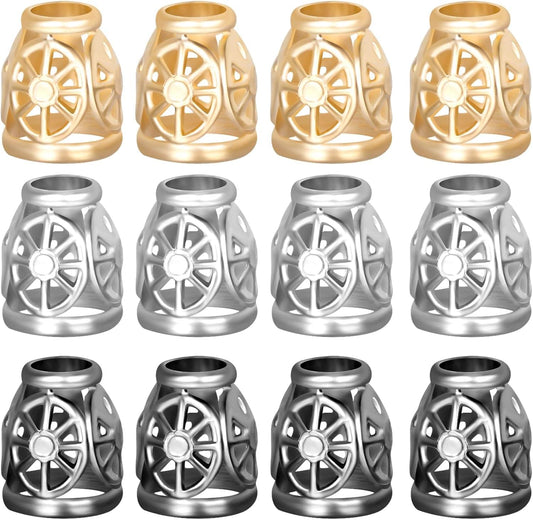 Metal conical cord lock ends, hollow bell style, set in gold, silver, dark gray.