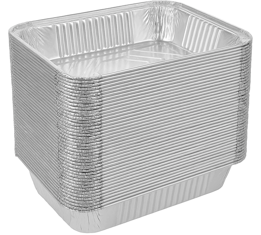 Stack of aluminium foil food container trays, rectangular disposable baking pan