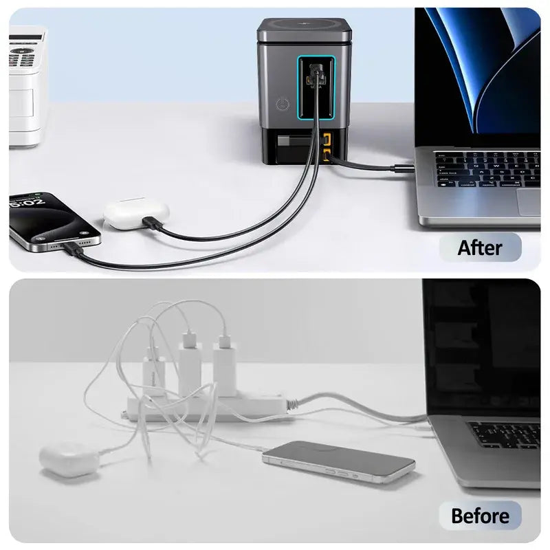 Black retractable cable charger dock with multiple cables plugged into desktop devices