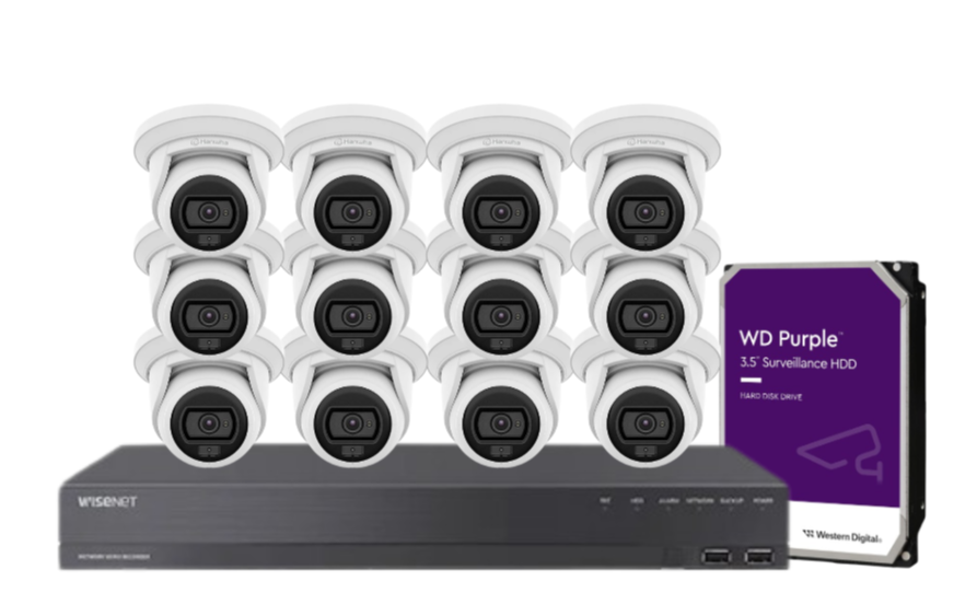 Wisenet Hanwha x16 Camera CCTV Kit with 16 Channel 8MP NVR, 4MP Flateye Cameras A series + HDD – CT-ANE-L7012L / CT-ARN-1610S
