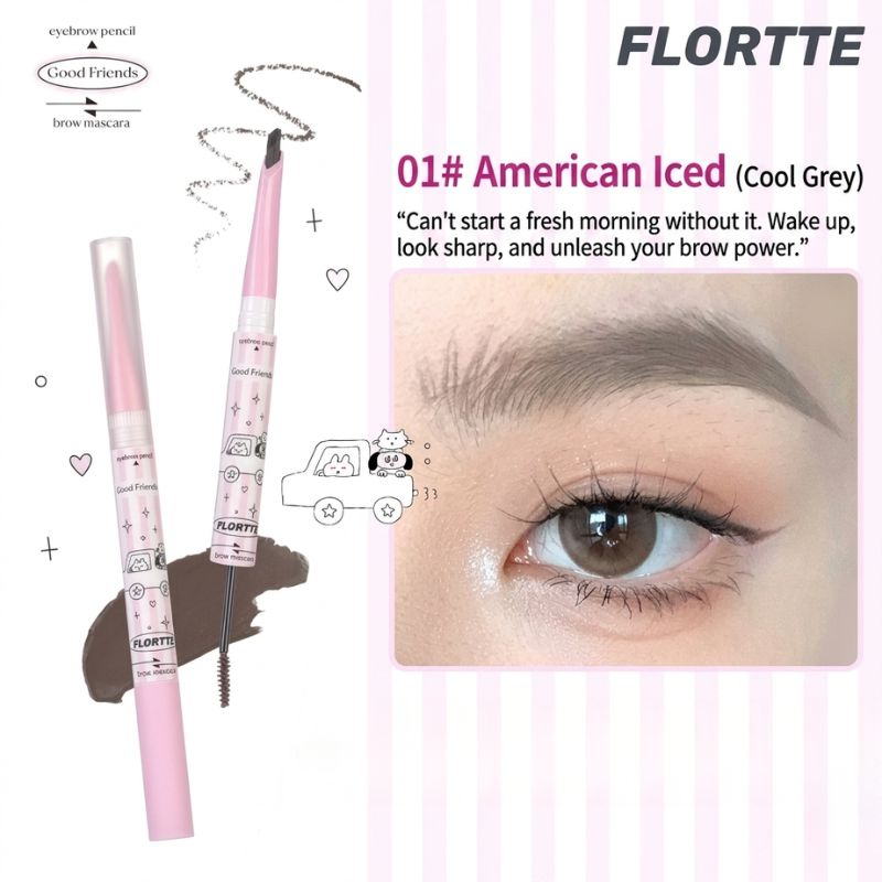 FLORTTE dual-ended eyebrow mascara, 01 Americano cool grey shade with angled brush and spoolie