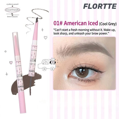 FLORTTE dual-ended eyebrow mascara, 01 Americano cool grey shade with angled brush and spoolie