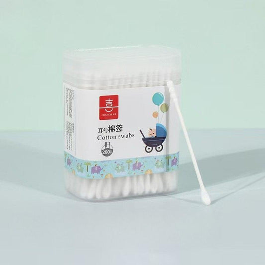 Round cotton swab container with one swab pulled out, dual-ended spiral tips