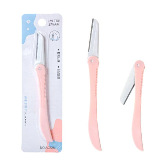 Foldable double-ended eyebrow razor with pink handle and silver safety blade