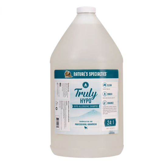 Hypoallergenic shampoo bottle back label with teal stripe and white cap; NATURE'S SPECIALTIES