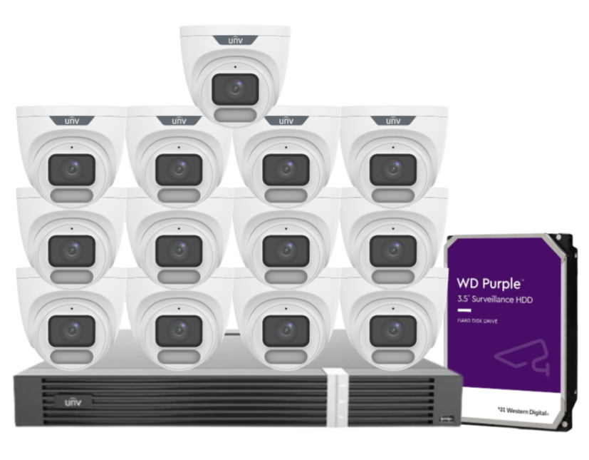 Uniview OWLVIEW 8MP 4K Surveillance Kit – 16x Full-Color Turret Cameras + 16-Channel AI NVR with HDD| IPC3628LE-ADF28K-WP + NVR302-16E2-P16-IQ 0235C6QW | ColorHunter | PoE | Ultra 265