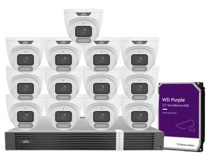 Uniview OWLVIEW 8MP 4K Surveillance Kit – 16x Full-Color Turret Cameras + 16-Channel AI NVR with HDD| IPC3628LE-ADF28K-WP + NVR302-16E2-P16-IQ 0235C6QW | ColorHunter | PoE | Ultra 265