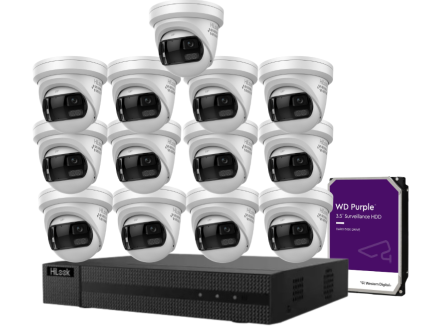 HiLook 16-Channel CCTV Kit with IPC-T289PH-MU/SL 8MP 180° Panoramic Cameras + 4K PoE NVR + HDD – Smart Outdoor IP67 Surveillance System with Two-Way Audio & Active Deterrence