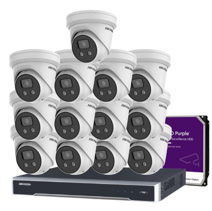 Hikvision 6MP AcuSense 16-Camera CCTV Kit with 16-Channel 8K PoE NVR | DS-2CD2366G2-ISU/SL Cameras + HIK-7616NI-M2/16P Recorder + HDD | Strobe Light + Two-Way Audio | IP67 Rated