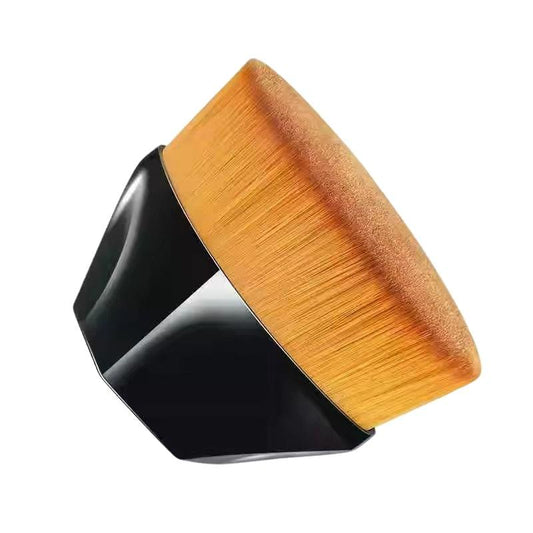 Flat foundation brush with brown bristles and black faceted handle