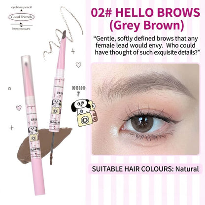 FLORTTE dual-ended eyebrow mascara, 02 Hello Brows grey-brown shade with brush and spoolie