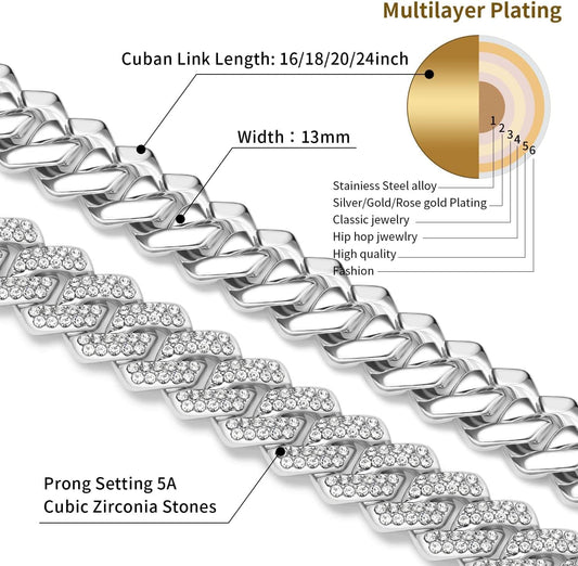 Cuban link chain with prong-set cubic zirconia stones, silver-toned finish