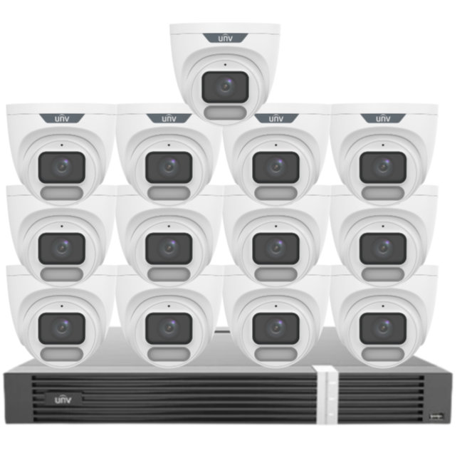 Uniview OWLVIEW 8MP 4K Surveillance Kit – 16x Full-Color Turret Cameras + 16-Channel AI NVR with HDD| IPC3628LE-ADF28K-WP + NVR302-16E2-P16-IQ 0235C6QW | ColorHunter | PoE | Ultra 265