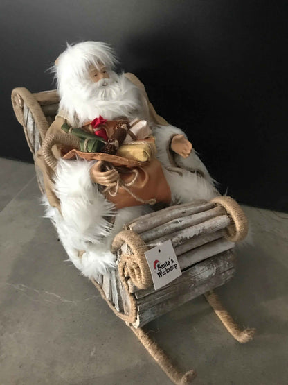 40cm Christmas Ornament Santa Claus in Driftwood Sleigh – Rustic Handmade Style Holiday Decoration, Festive Christmas Home & Tabletop Decor