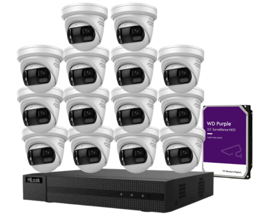 HiLook 16-Channel CCTV Kit with IPC-T289PH-MU/SL 8MP 180° Panoramic Cameras + 4K PoE NVR + HDD – Smart Outdoor IP67 Surveillance System with Two-Way Audio & Active Deterrence