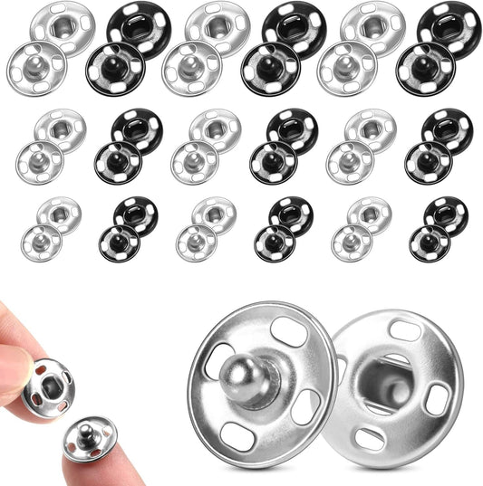 Metal snap buttons for sewing, silver and black press-stud fasteners set