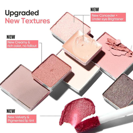 Portable mini makeup palette opened with assorted shimmer and matte shade pans