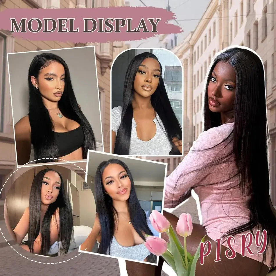 Long black straight human hair wig with lace front, model wearing multiple angles