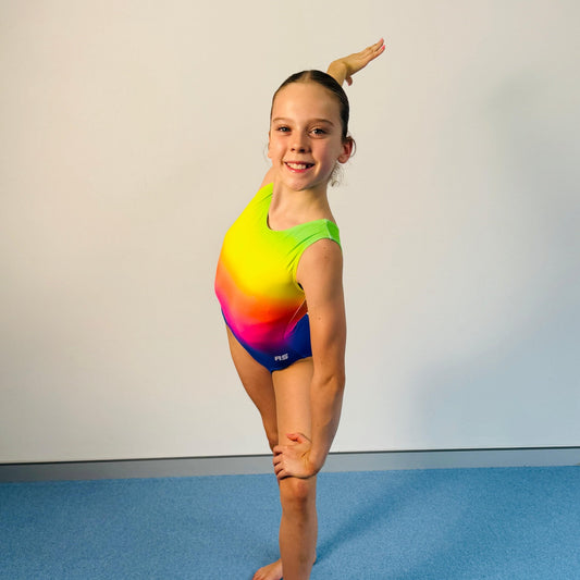 Neon rainbow gradient sleeveless leotard, side view with high neckline