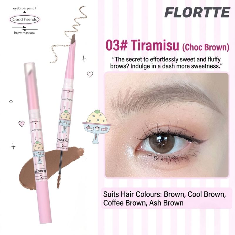 FLORTTE dual-ended eyebrow mascara, 03 Tiramisu choc brown shade with angled brush and spoolie