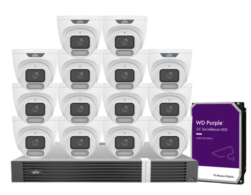 Uniview OWLVIEW 8MP 4K Surveillance Kit – 16x Full-Color Turret Cameras + 16-Channel AI NVR with HDD| IPC3628LE-ADF28K-WP + NVR302-16E2-P16-IQ 0235C6QW | ColorHunter | PoE | Ultra 265
