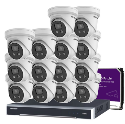 Hikvision 6MP AcuSense 16-Camera CCTV Kit with 16-Channel 8K PoE NVR | DS-2CD2366G2-ISU/SL Cameras + HIK-7616NI-M2/16P Recorder + HDD | Strobe Light + Two-Way Audio | IP67 Rated