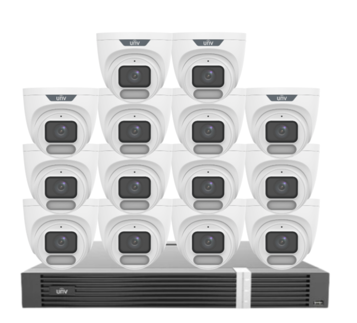 Uniview OWLVIEW 8MP 4K Surveillance Kit – 16x Full-Color Turret Cameras + 16-Channel AI NVR with HDD| IPC3628LE-ADF28K-WP + NVR302-16E2-P16-IQ 0235C6QW | ColorHunter | PoE | Ultra 265