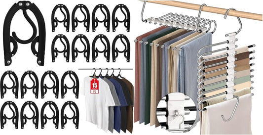 Set of black foldable pants hangers with multiple hooks, 2-pack organizer