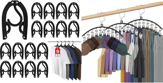 Portable foldable travel hangers with clips, black, for shirts and pants