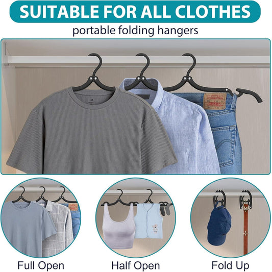 Foldable travel hangers with clips holding shirts and denim pants, black hooks
