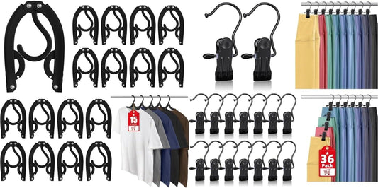 Black portable foldable hangers and boot clip set, assorted pieces on display.
