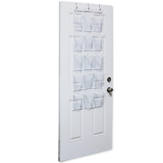 Over-door organizer with clear 15 pockets and hanging straps on a door