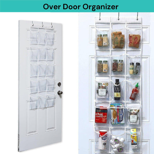 Over-door organizer with clear pockets holding pantry jars and spice packets
