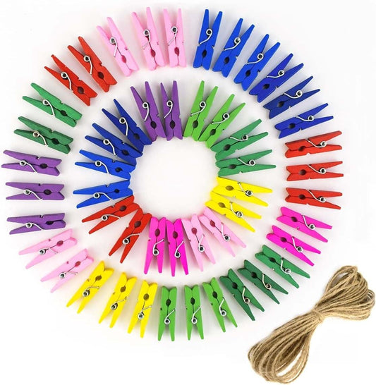 Colorful mini clothespin clips with springs and jute string, for hanging photos or crafts