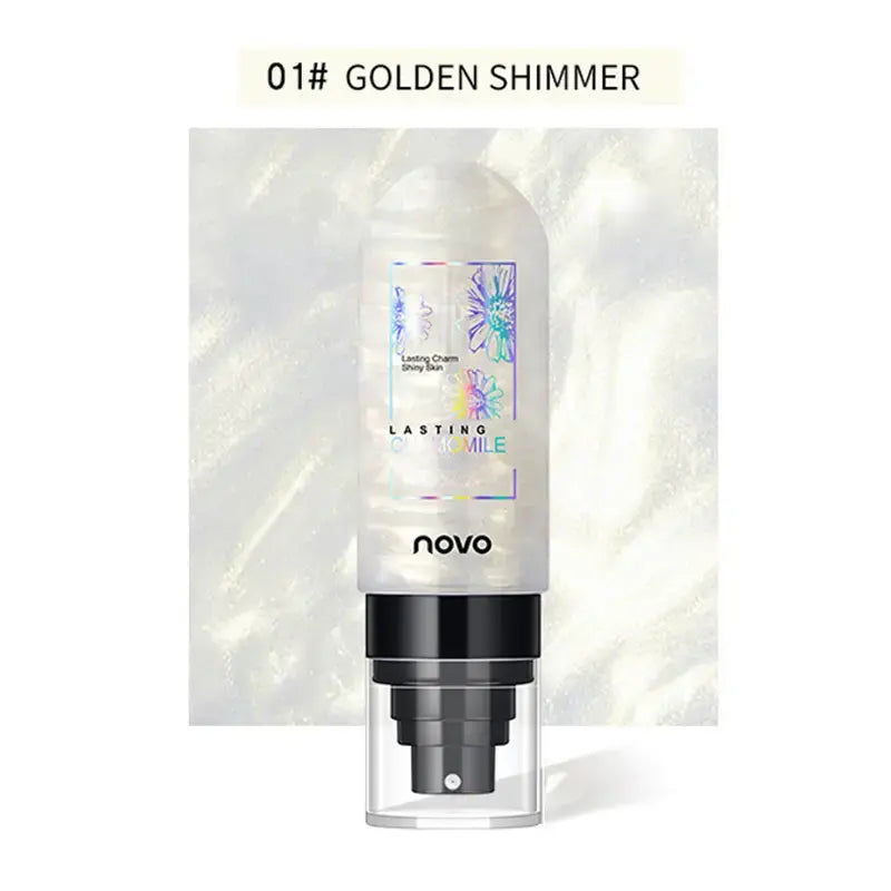 Golden shimmer hydrating facial mist bottle packaging with black pump