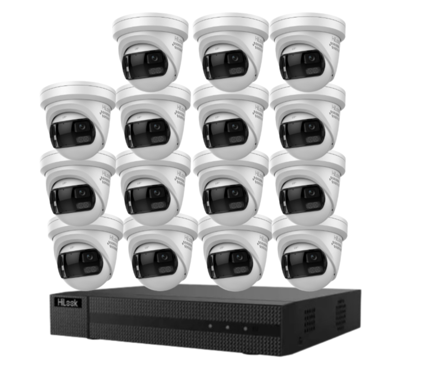 HiLook 16-Channel CCTV Kit with IPC-T289PH-MU/SL 8MP 180° Panoramic Cameras + 4K PoE NVR + HDD – Smart Outdoor IP67 Surveillance System with Two-Way Audio & Active Deterrence