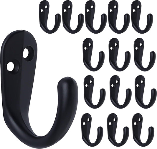 Set of black single-prong wall-mounted coat hooks with mounting plates