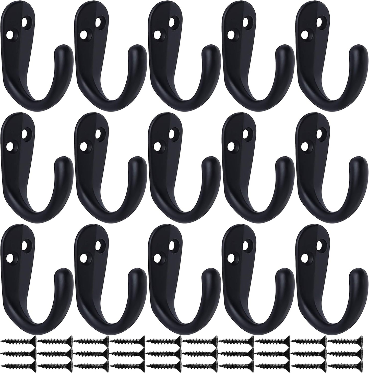 15PCS Coat Hooks Wall Mounted Single Prong Robe Hook for Hanging Towel Hooks with 30 Screws for Bags, Hat, Cap, Scarf, Cup (Black)